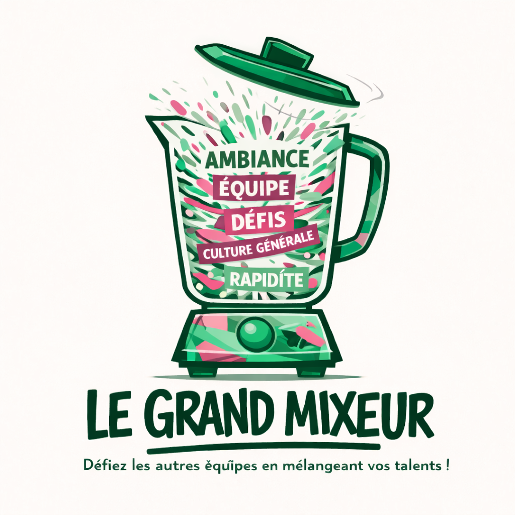 Image d'un mixeur avec le couvercle qui saute et à l'intérieur les mots equipe défis ambiance pour représenter le jeu !